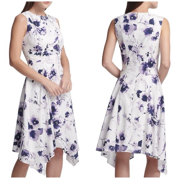 Dkny Dresses & Skirts - EUC DKNY White & Purple Floral Handkerchief Hem Fit-&-Flare Dress